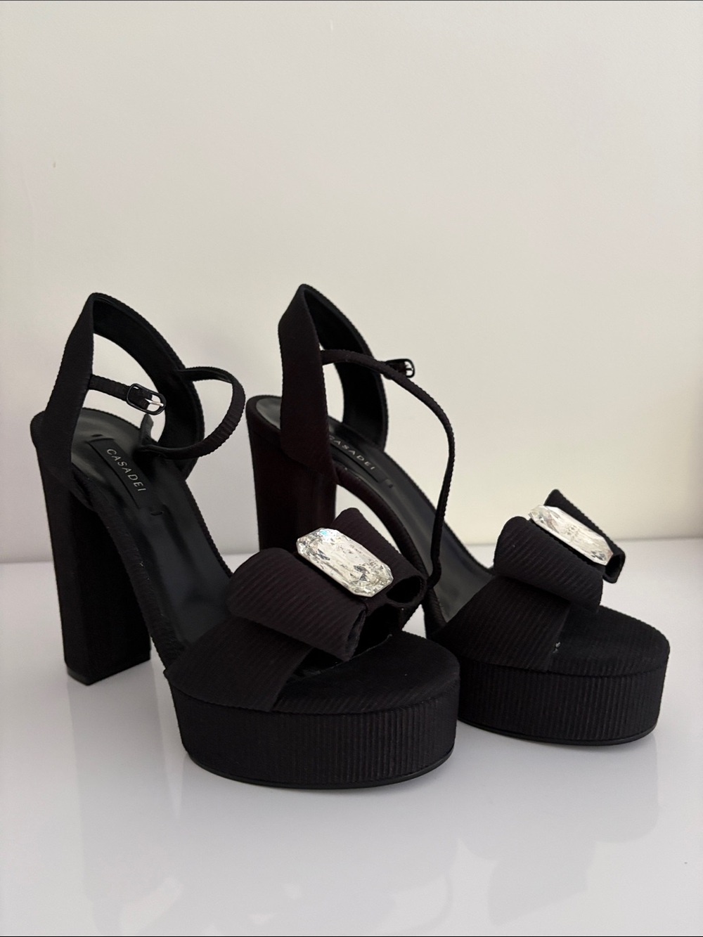Casadei Black Platform Slingback Heels with Bow and Crystal